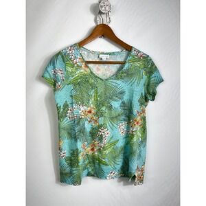 J. Jill Love Linen Tropical Palm Floral V-Neck Tee Teal Green Womens Small